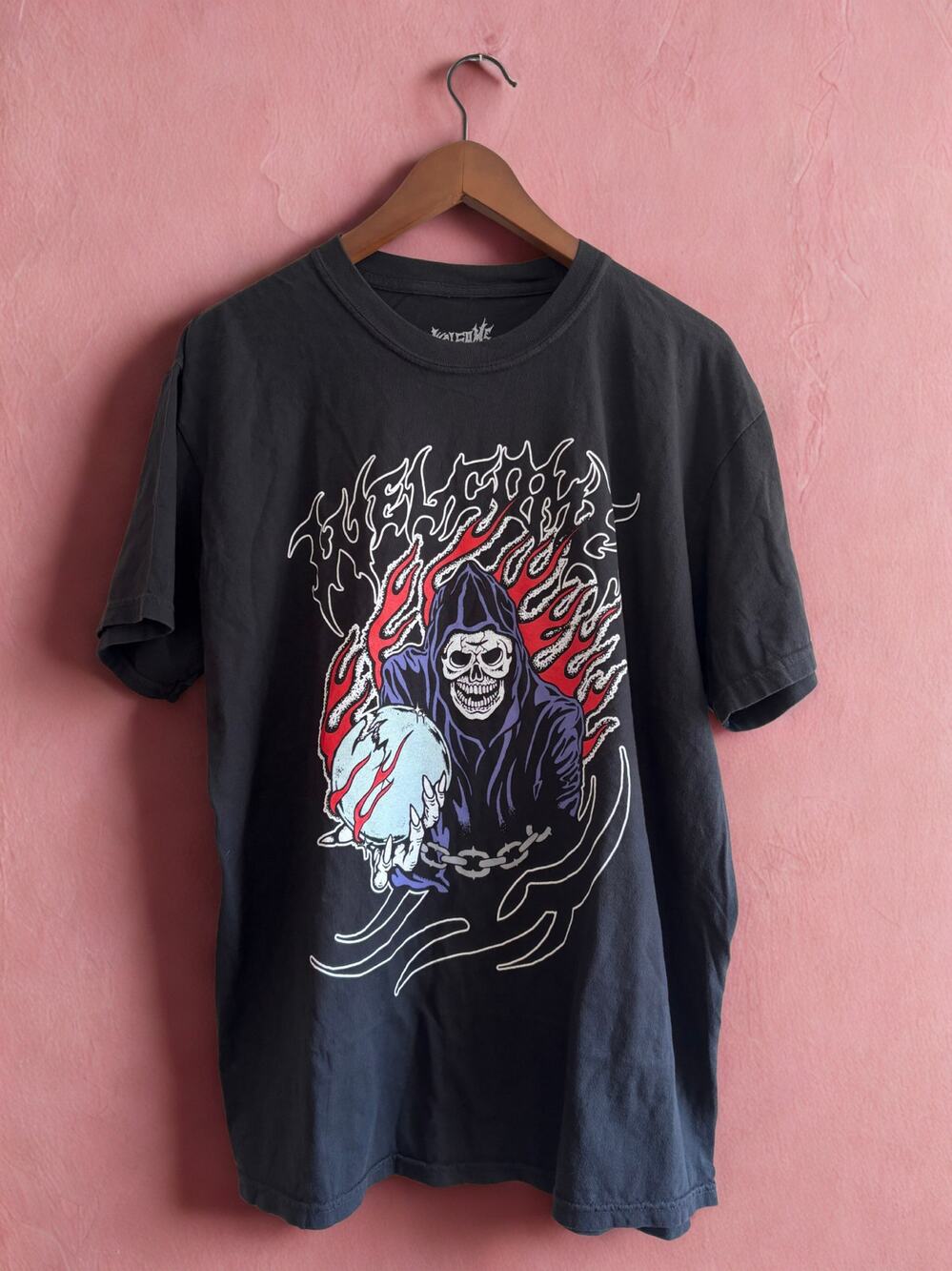 Welcome Black Graphic Tee Men’s Large Grim Reaper Skateboard Streetwear | NWOT